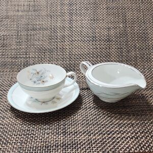 Halsey Fine China flower Teacup And Noritake China Milk or Cream Jug.
